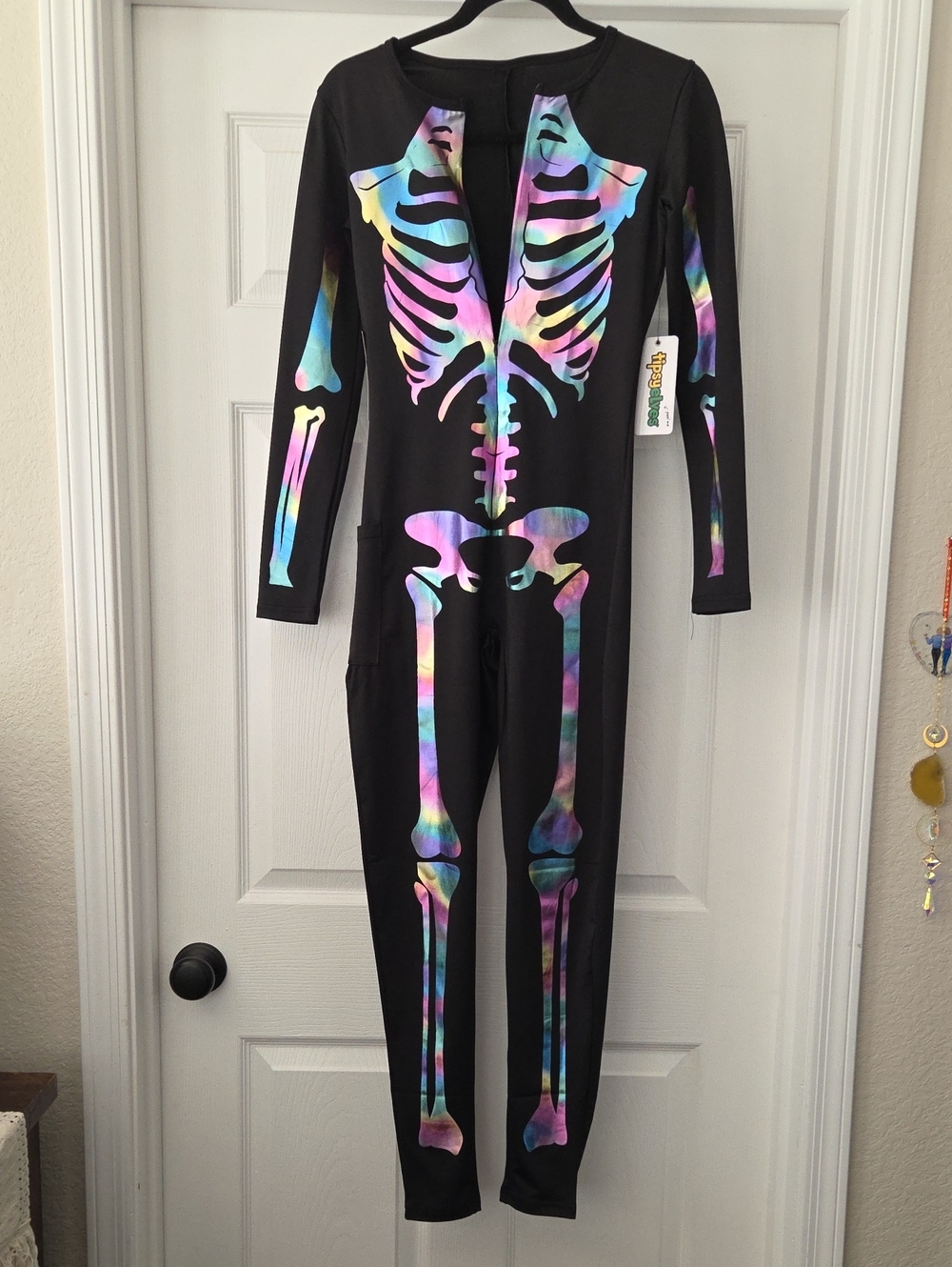Tipsey Elves Womens Black Skeleton Jumpsuit with Rainbow Bones -